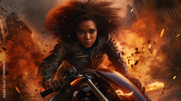Fototapeta Action shot with black woman on the bike riding away from fire and explosion. Dynamic scene in action movie blockbuster style