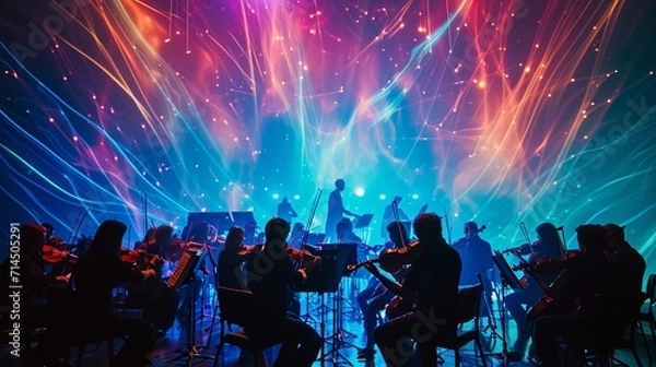 Obraz Celestial Symphony: Orchestra Conducting Fantasy with Dancing Auroras and Plasmas. A Spectacular Planetarium Soundtrack Release Concert, Bringing Soul-Shaking Waves of Live Art to Stellar Nurseries