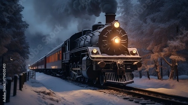 Obraz A steam locomotive in the snowy forest at night generative ai