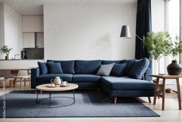 Fototapeta scandinavian Interior home design of modern living room with dark blue sofa and round table in the apartment