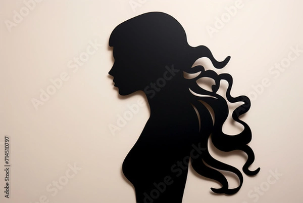 Fototapeta Beauty, fashion, style, make-up and hairstyle concept. Paper cut of woman silhouette portrait on plain background with copy space. Simple logo design