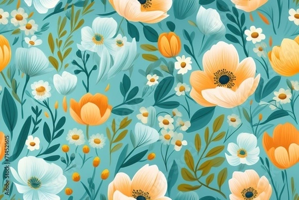 Fototapeta Seamless floral pattern background, bright flowers on a dark blue background for textile, wallpaper, pattern fills, covers, surface, print, gift wrap, scrapbooking, Generative AI