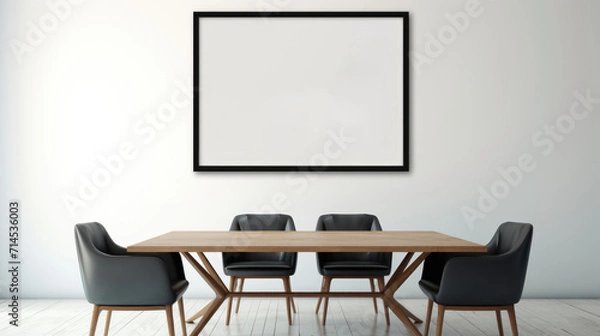 Fototapeta empty room with a hairs and table, empty wooden picture frame on wall, publications that explore minimalist interior design