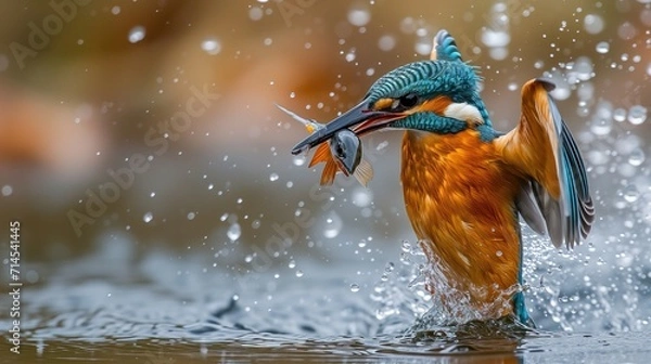 Fototapeta a kingfisher catching a fish off the water