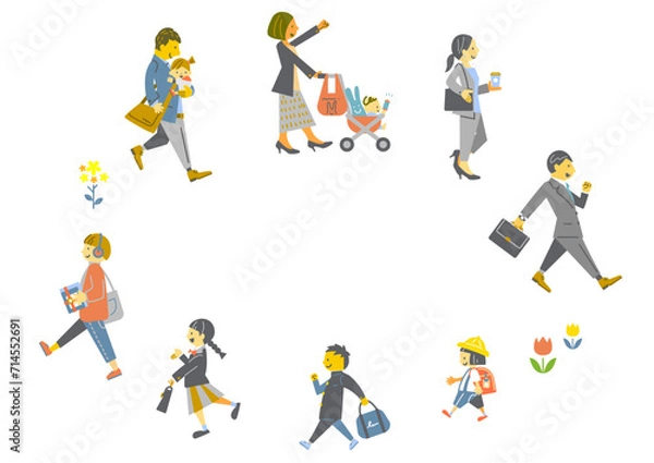 Fototapeta 春にワクワクしながら新生活をスタートさせる人々　カラフルでお洒落なイラスト