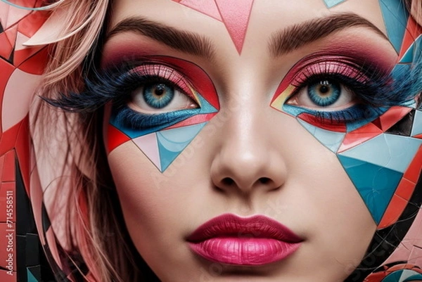 Obraz Abstract beautiful woman portrait in modern mosaic style . Colorful 3d Art. Poster
