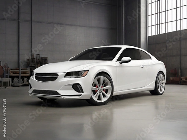 Fototapeta White sport car in the garage. 3d render. Side view. Created using generative AI tools