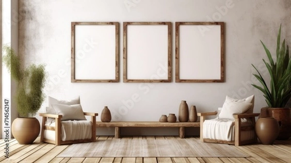 Fototapeta Cozy rustic interior with empty wooden frames and green plants.
