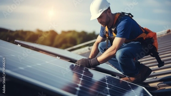 Fototapeta Construction industry, aerial view. An electrician in a helmet is installing a solar panel system outdoors. Engineer builds solar panel station on house roof