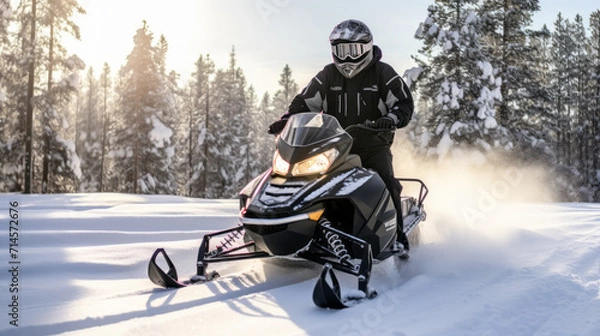 Fototapeta A man riding on a snowmobile through a snowy forest on a sunny winter day. Guy riding outside on a cold winter day. A man is riding on a snow mobile in a snowy forest.