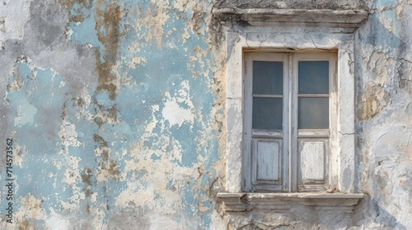 Fototapeta  an old building with a broken window and peeling paint on the walls and the bottom half of the wall is blue and has peeling paint on the bottom half of the wall.
