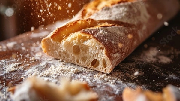Fototapeta  a close up of a piece of bread on a table with flour sprinkled on top of it and on top of a cutting board with a knife next to it.