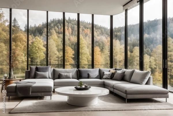 Fototapeta Scandinavian interior home design of modern living room with gray corner sofa and large windows of country house in forest with copy space