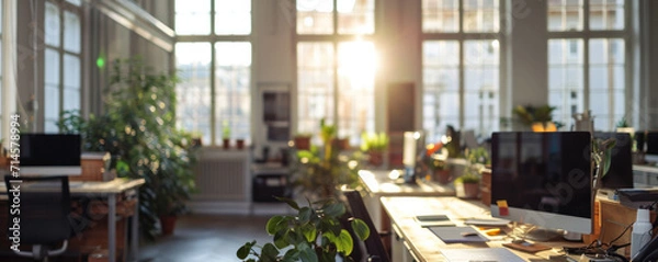 Fototapeta Isolated creative office area with windows, without people, back button focus