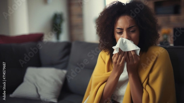 Fototapeta Young woman with a cold, sneezing into a tissue while sitting on a couch.