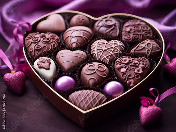 Fototapeta Heart shape box with full of chocolate Valentine's Day Gift. Generative AI