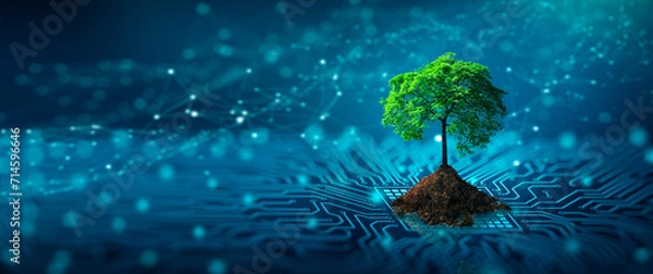 Fototapeta Tree with soil growing on  the converging point of computer circuit board. Blue light and wireframe network background. Green Computing, Green Technology, Green IT, csr, and IT ethics Concept.