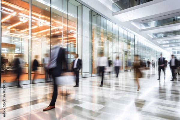 Obraz A Long exposure shot of crowd of business people walking in bright office lobby fast moving with blurry. Motion blur