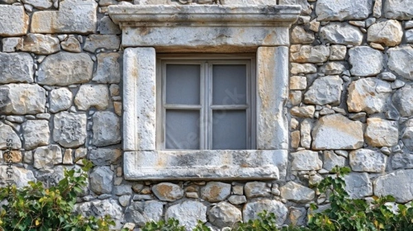 Fototapeta  a window on the side of a stone building with a window pane on the side of the building with a bird perched on top of the window sill.