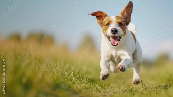 Fototapeta  a small brown and white dog running through a field of grass with its tongue out and it's tongue hanging out to the side of it's mouth.