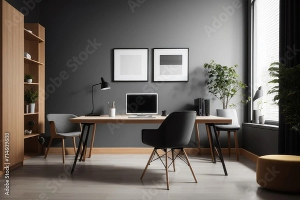 Fototapeta Scandinavian interior home design of modern workplace with home workplace and wooden table and chairs with dark wall