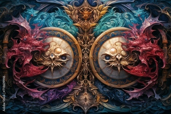 Fototapeta Whirling kaleidoscope dragons, casting mesmerizing patterns with their scales - Generative AI