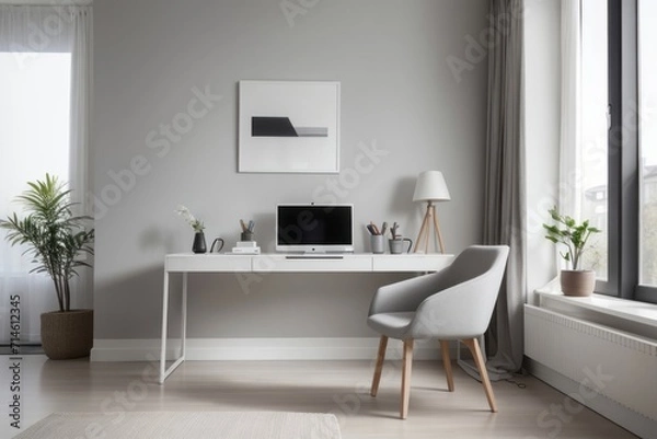 Fototapeta Scandinavian interior home design of modern workplace with table, chairs and white wooden decoration with a laptop on the desk