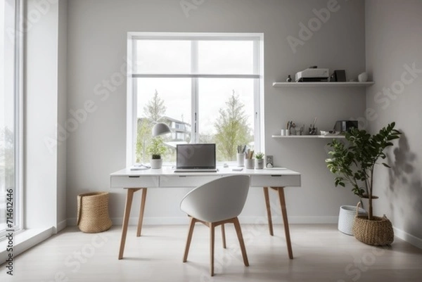 Fototapeta Scandinavian interior home design of modern workplace with table, chairs and white wooden decoration with a laptop on the desk