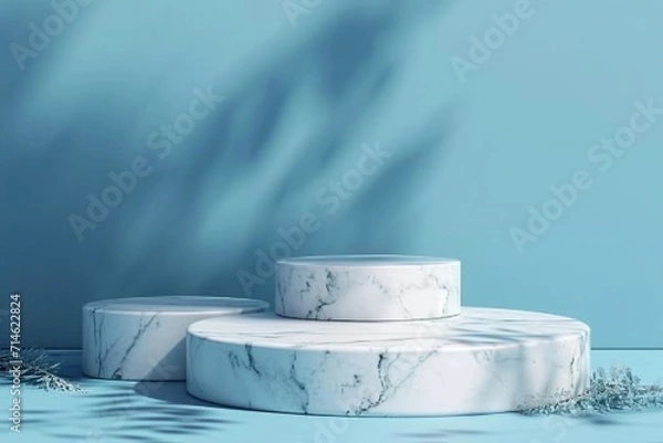 Fototapeta Blue background with white marble podium, 3d render. generative ai.
