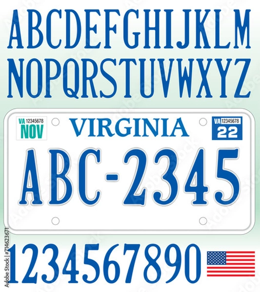 Fototapeta Virginia car license plate pattern, letters, numbers and symbols, vector illustration, USA, United States