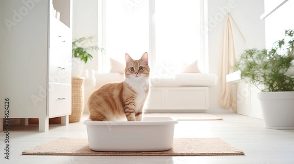 Fototapeta The cat goes to the toilet in a tray with filler. Animals and hygiene. 