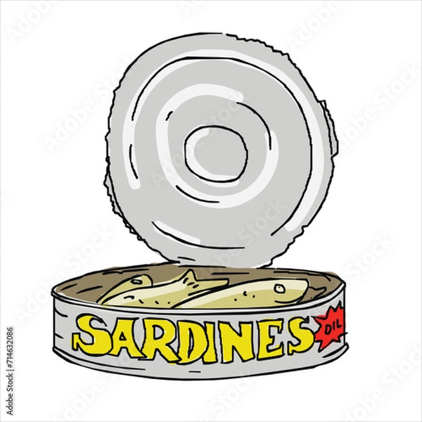 Fototapeta sardines in a round jar and packaged fish paste. Vector seafood, protein cooked foods. Concept of factory production, fast food, conservation isolated on white background
