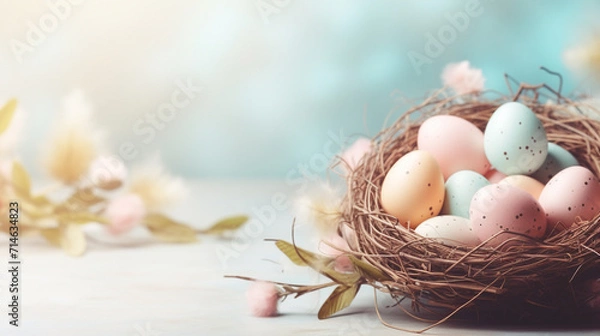 Fototapeta Nests with quail Easter eggs on a soft blue wooden background.