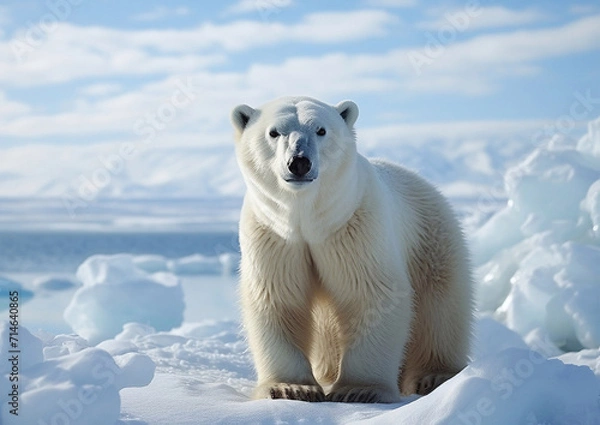 Fototapeta Large white polar bear walking through arctic cold background.Macro.AI Generative.