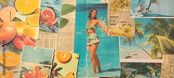 Fototapeta Nostalgic summer collage with vintage cut-and-paste elements, featuring citrus fruits, a retro woman in swimwear, and a tranquil beach scene, evoking a playful and relaxed vacation vibe.