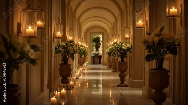 Fototapeta A beautifully arranged hallway with candles in sconces and floral arrangements, infusing the space with elegance and fragrance - Generative AI