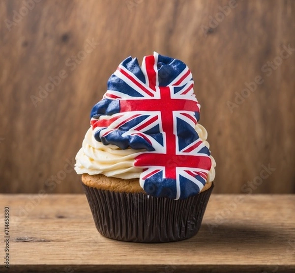 Obraz Cupcake with United Kingdom flag on top on wooden background.