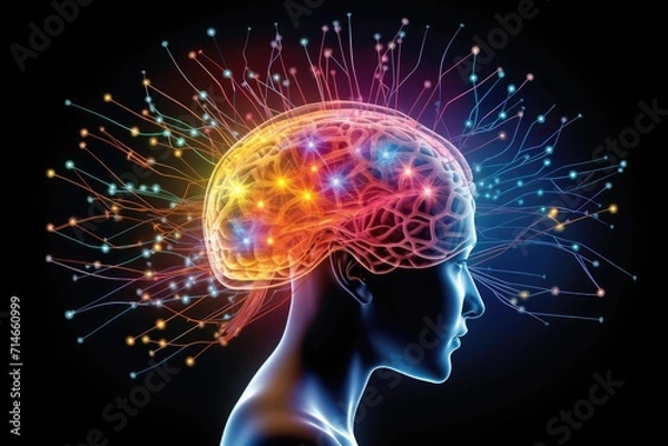 Obraz Colorful Brain Neuron synapses, neurotransmitters in cortex, neuroplasticity plasticity, cognitive functions contributing consciousness, intelligence, gray matter, hippocampus prefrontal cortex mind