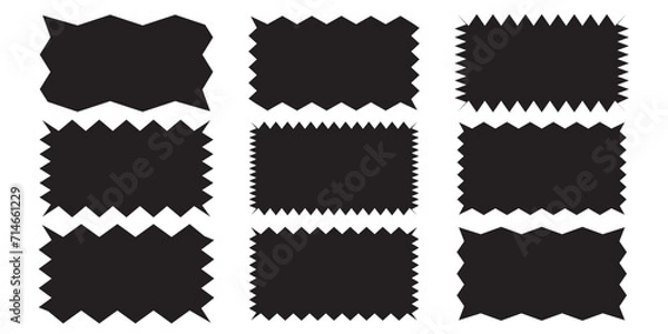 Fototapeta Torn shape pieces set. Set of black jagged paper square. Zig zag edge rectangle shape collection. Jagged rectangular elements set. 