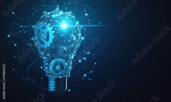 Fototapeta Abstract blue glowing light bulb with gears inside. Machine learning and AI concept Low poly style design. Abstract geometric background. Wireframe light connection structure