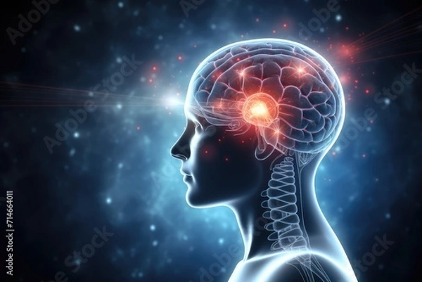 Fototapeta During sleep, brain bathed gentle light, stressless tranquility. Mindfulness stress reduction (MBSR), cognitive therapy (MBCT) mindful meditation. Brain neuron waves synchronize sleep affirmations