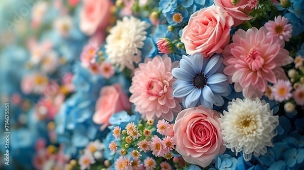 Fototapeta Kwiatowe naturalne tło z niebieską gardenią, różową różą, białą chryzantemą z bliska. Skopiuj miejsce, skopiuj przeszłość, wklej tekst: Generatywna sztuczna inteligencja