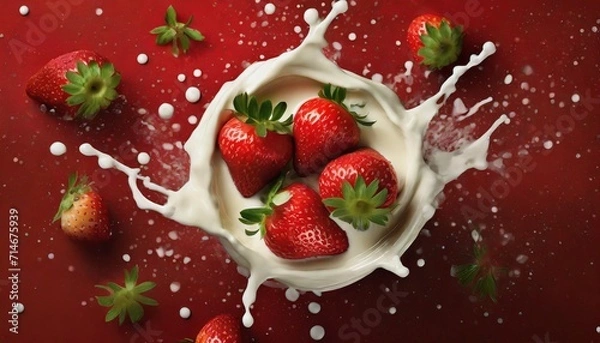 Fototapeta strawberries with cream on a red background