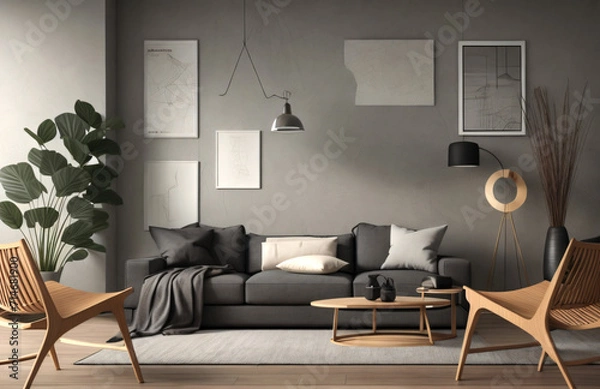 Obraz interior design of modern living room with chair, sofa, cushions, coffee table. Generative AI