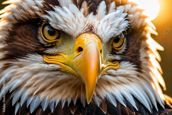 Fototapeta Close up portrait of a bald eagle, golden backlight
