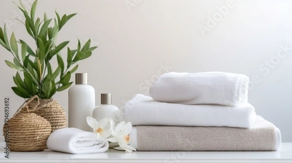 Fototapeta Spa accessories installed in a day spa hotel, health and beauty center. Spa products - towels, candles, aroma oils are placed in a luxury spa salon ready for massage, spa treatments
