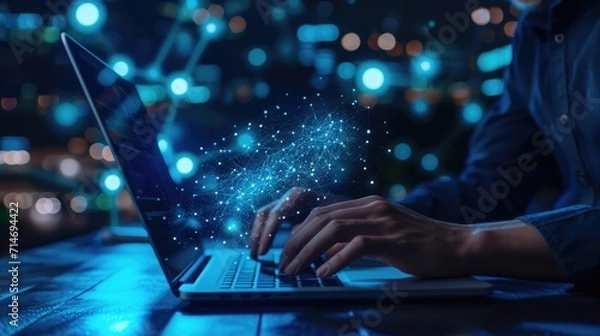 Obraz Computer programmer using laptop, data processing connecting with internet global network, cloud computing and data center network server, cyber security, software development, data engineering 