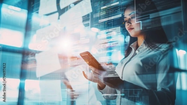 Fototapeta Woman Holding Tablet Device for Online Activities and Communication