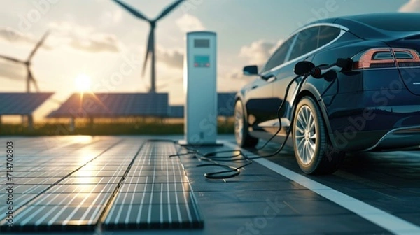 Fototapeta Using of charge station, solar panel and windmill background. Sustainability assessment, renewable energy concept. Electric vehicle using sustainable source, wind generator. Saving, climate change. 