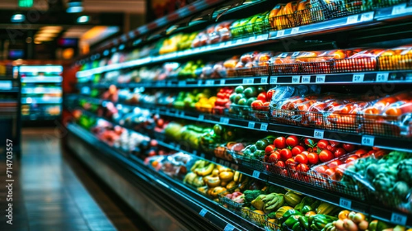 Obraz Supermarket interior with fresh produce on shelves, representing a healthy and colorful lifestyle.